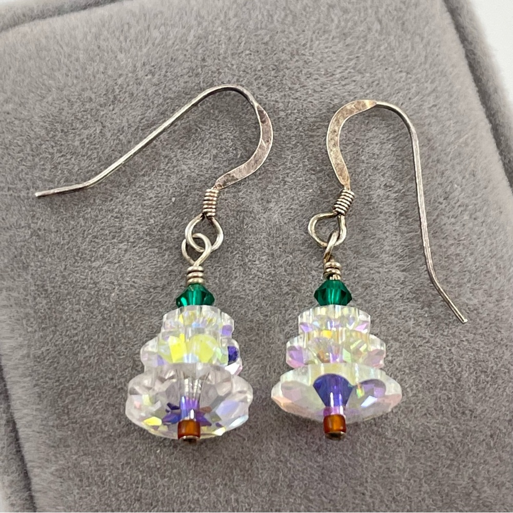 925 Sterling Silver Unsigned Glass Crystal AB Christmas Tree Dangle Earrings
